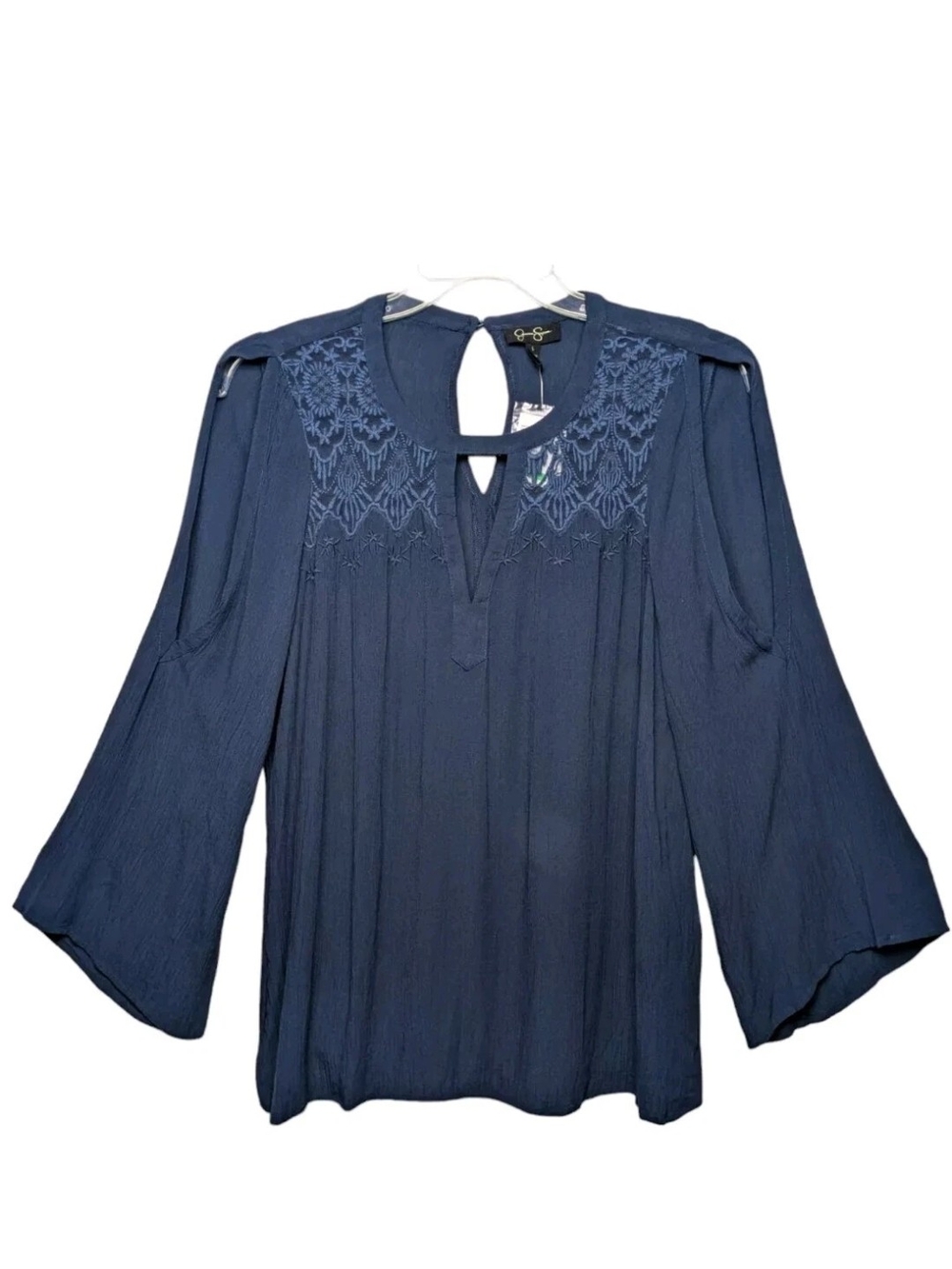 Jessica Simpson Navy Embroidered V-Neck Peasant Blouse